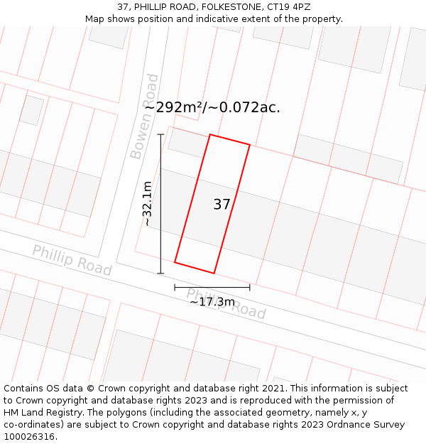37, PHILLIP ROAD, FOLKESTONE, CT19 4PZ: Plot and title map