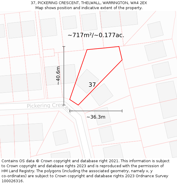 37, PICKERING CRESCENT, THELWALL, WARRINGTON, WA4 2EX: Plot and title map