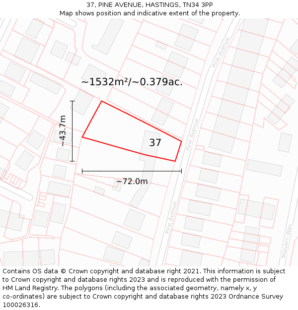 37, PINE AVENUE, HASTINGS, TN34 3PP: Plot and title map