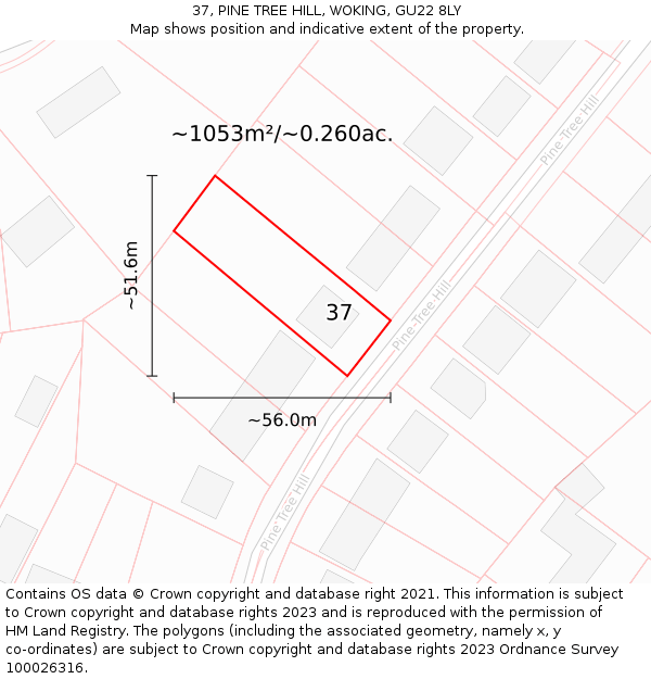 37, PINE TREE HILL, WOKING, GU22 8LY: Plot and title map
