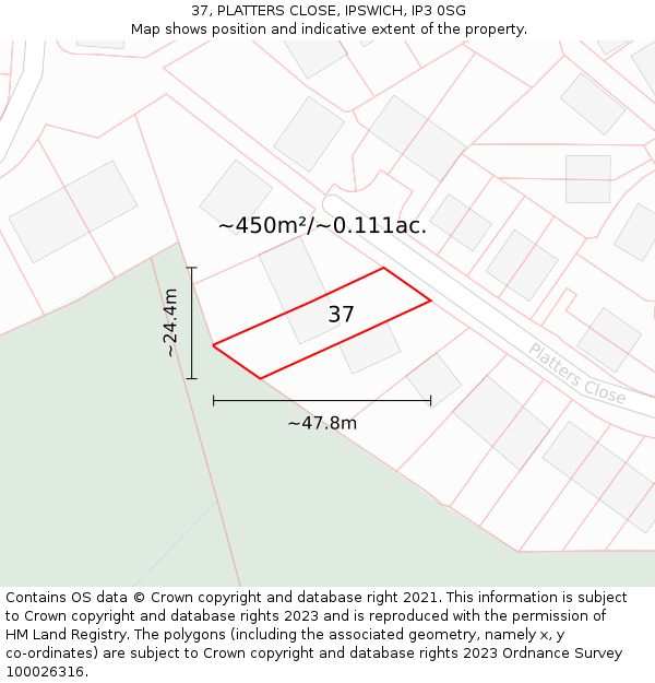 37, PLATTERS CLOSE, IPSWICH, IP3 0SG: Plot and title map