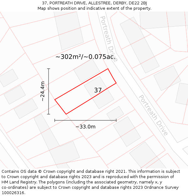 37, PORTREATH DRIVE, ALLESTREE, DERBY, DE22 2BJ: Plot and title map