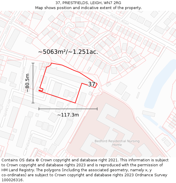 37, PRIESTFIELDS, LEIGH, WN7 2RG: Plot and title map
