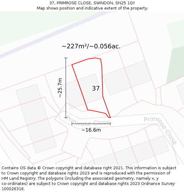 37, PRIMROSE CLOSE, SWINDON, SN25 1QY: Plot and title map