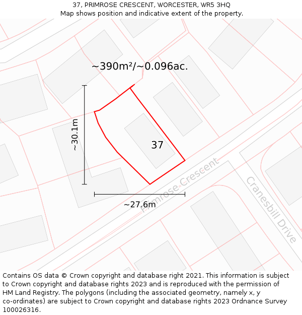 37, PRIMROSE CRESCENT, WORCESTER, WR5 3HQ: Plot and title map