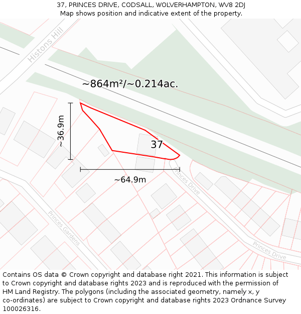 37, PRINCES DRIVE, CODSALL, WOLVERHAMPTON, WV8 2DJ: Plot and title map