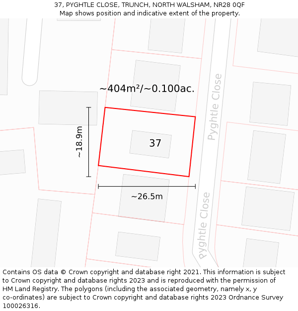 37, PYGHTLE CLOSE, TRUNCH, NORTH WALSHAM, NR28 0QF: Plot and title map