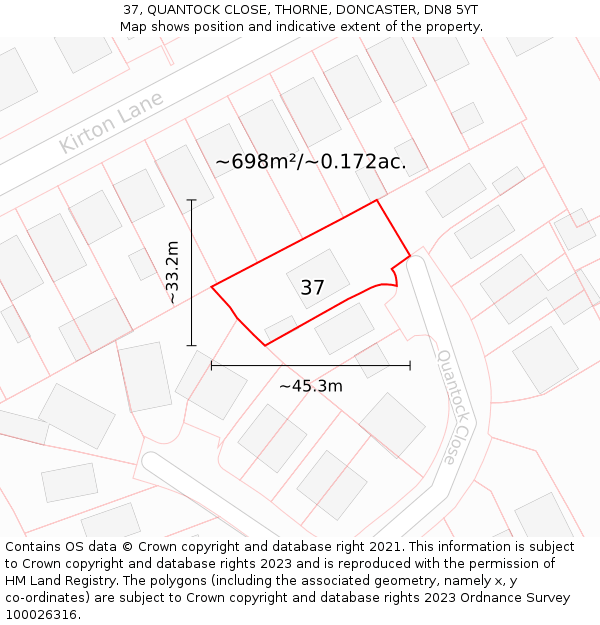 37, QUANTOCK CLOSE, THORNE, DONCASTER, DN8 5YT: Plot and title map