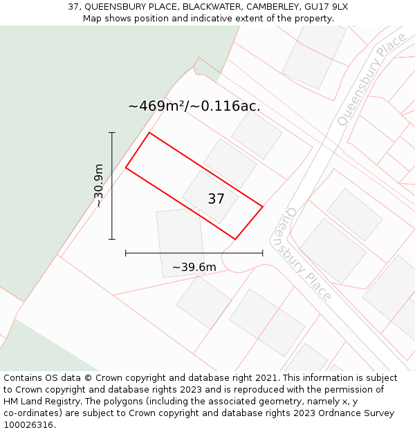 37, QUEENSBURY PLACE, BLACKWATER, CAMBERLEY, GU17 9LX: Plot and title map