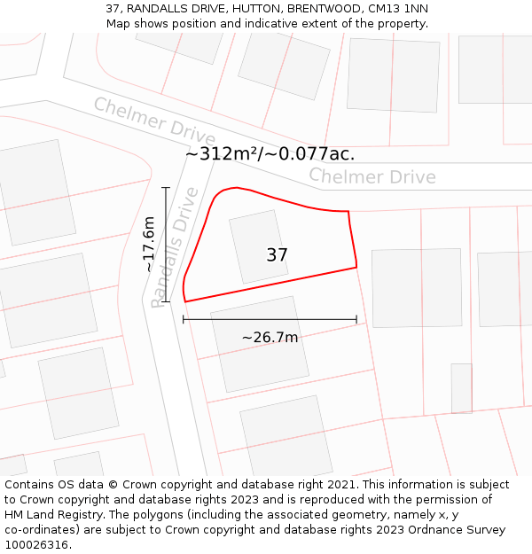 37, RANDALLS DRIVE, HUTTON, BRENTWOOD, CM13 1NN: Plot and title map