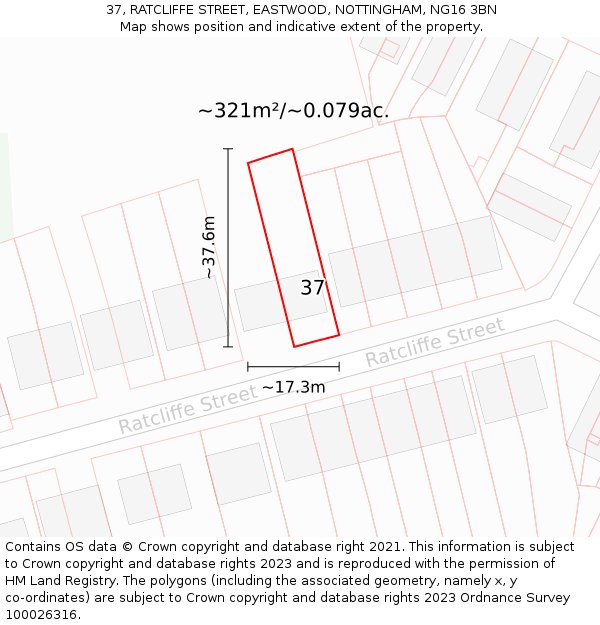 37, RATCLIFFE STREET, EASTWOOD, NOTTINGHAM, NG16 3BN: Plot and title map