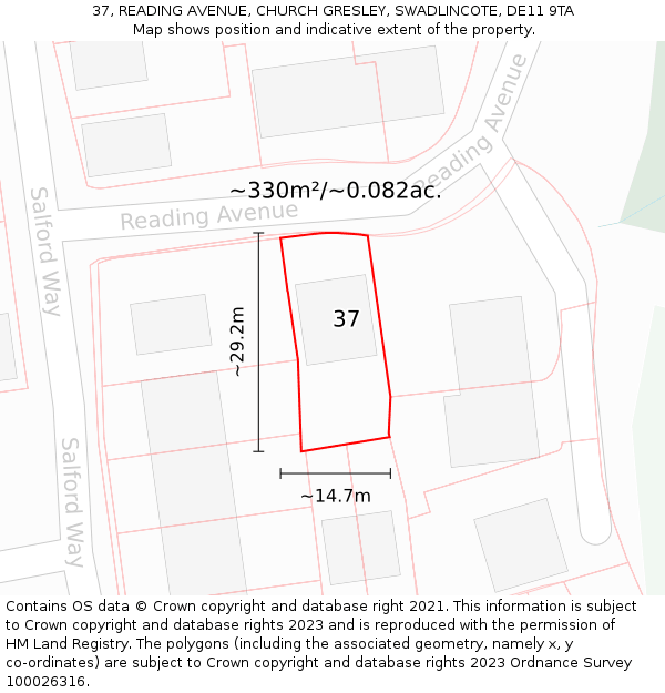 37, READING AVENUE, CHURCH GRESLEY, SWADLINCOTE, DE11 9TA: Plot and title map