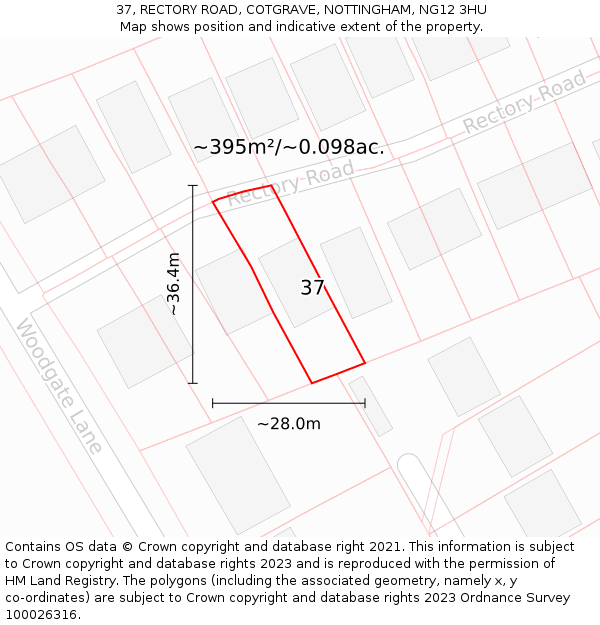 37, RECTORY ROAD, COTGRAVE, NOTTINGHAM, NG12 3HU: Plot and title map