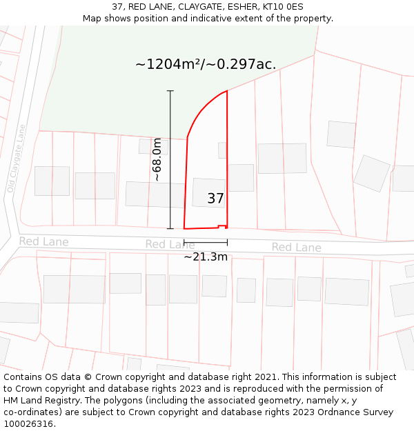 37, RED LANE, CLAYGATE, ESHER, KT10 0ES: Plot and title map
