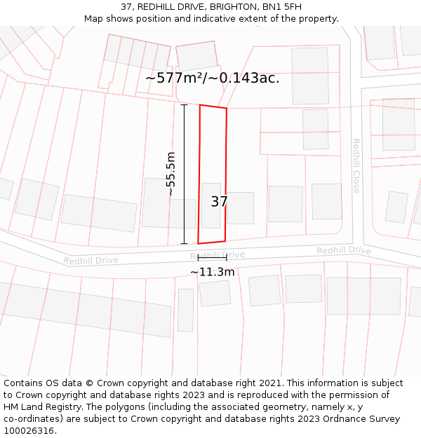 37, REDHILL DRIVE, BRIGHTON, BN1 5FH: Plot and title map