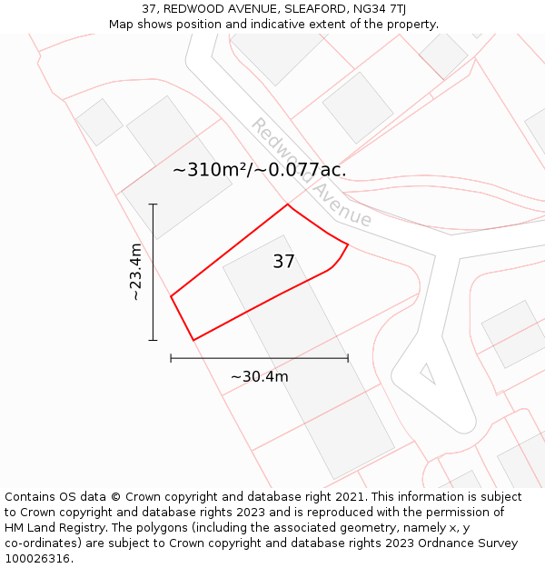 37, REDWOOD AVENUE, SLEAFORD, NG34 7TJ: Plot and title map