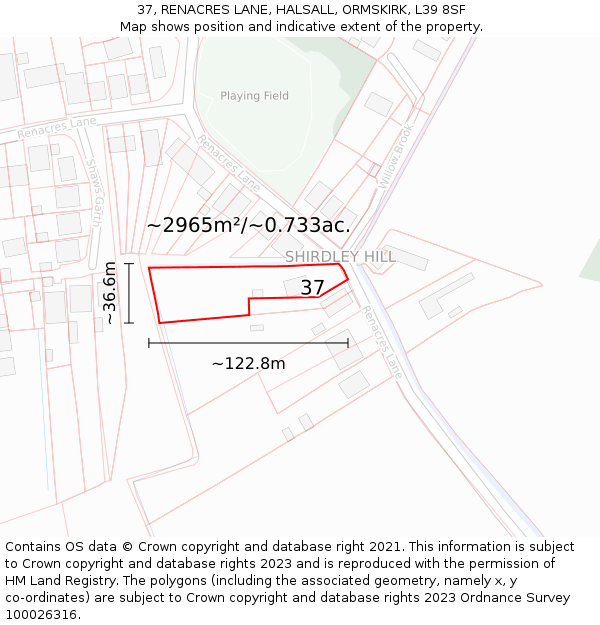 37, RENACRES LANE, HALSALL, ORMSKIRK, L39 8SF: Plot and title map