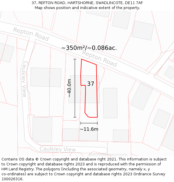 37, REPTON ROAD, HARTSHORNE, SWADLINCOTE, DE11 7AF: Plot and title map