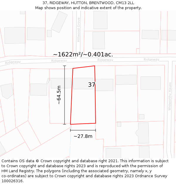 37, RIDGEWAY, HUTTON, BRENTWOOD, CM13 2LL: Plot and title map