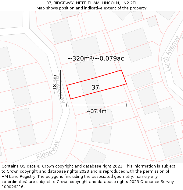 37, RIDGEWAY, NETTLEHAM, LINCOLN, LN2 2TL: Plot and title map