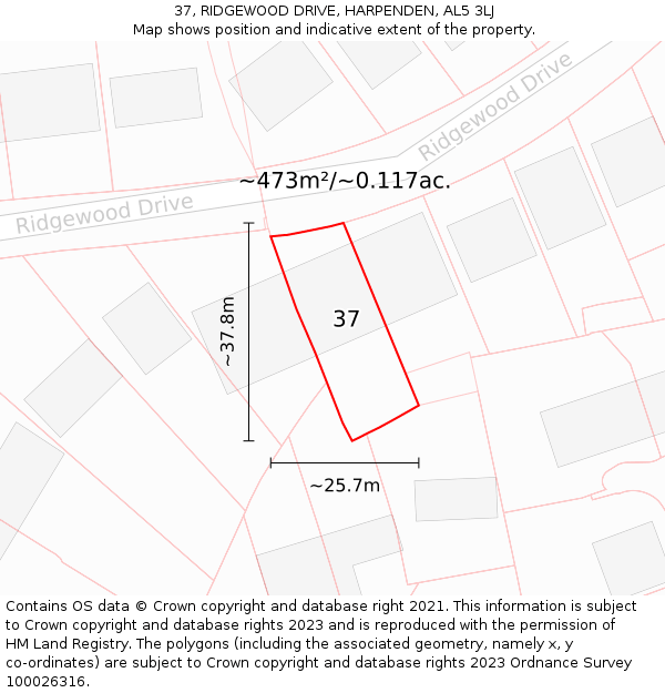 37, RIDGEWOOD DRIVE, HARPENDEN, AL5 3LJ: Plot and title map