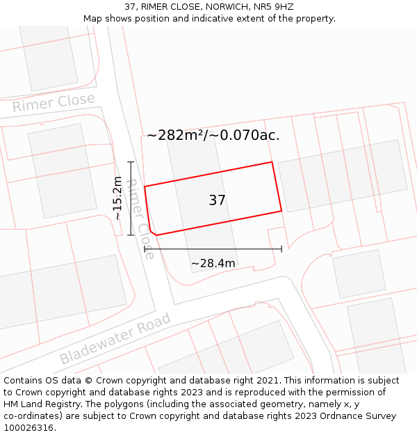 37, RIMER CLOSE, NORWICH, NR5 9HZ: Plot and title map
