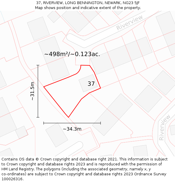 37, RIVERVIEW, LONG BENNINGTON, NEWARK, NG23 5JF: Plot and title map
