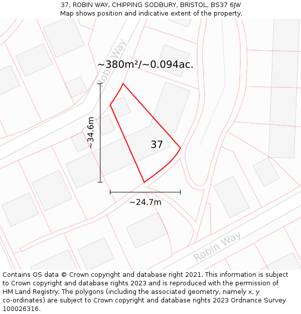 37, ROBIN WAY, CHIPPING SODBURY, BRISTOL, BS37 6JW: Plot and title map