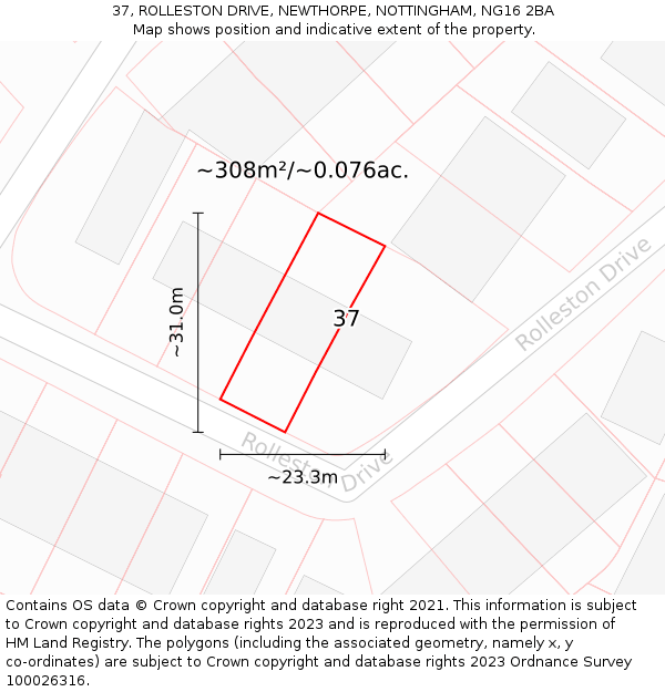 37, ROLLESTON DRIVE, NEWTHORPE, NOTTINGHAM, NG16 2BA: Plot and title map