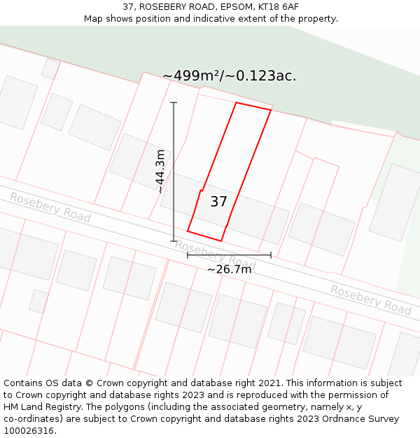 37, ROSEBERY ROAD, EPSOM, KT18 6AF: Plot and title map