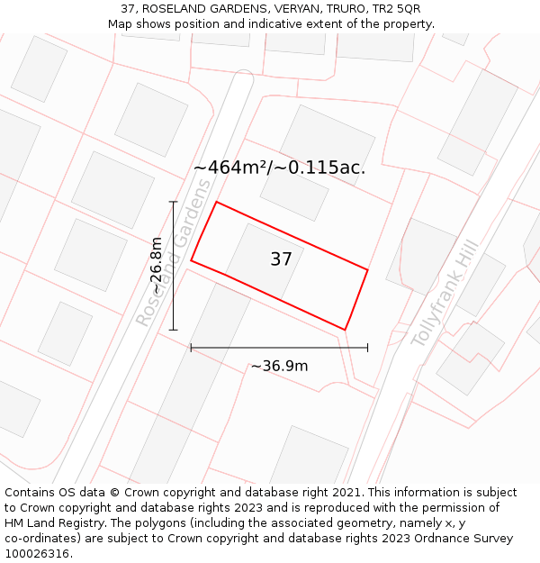 37, ROSELAND GARDENS, VERYAN, TRURO, TR2 5QR: Plot and title map