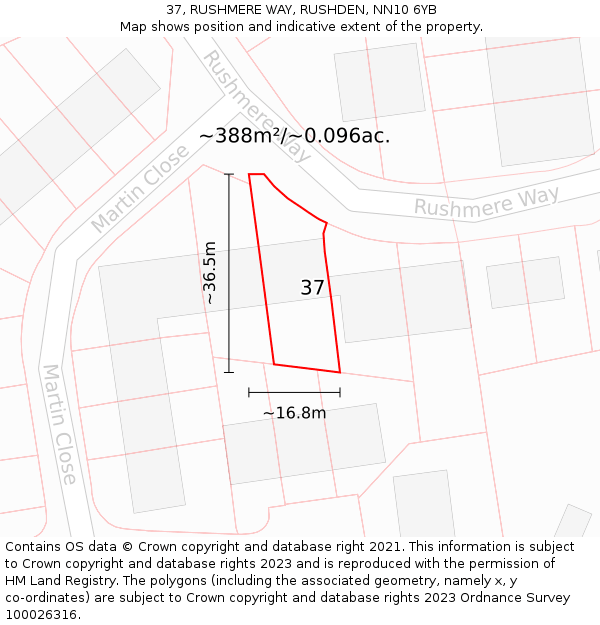 37, RUSHMERE WAY, RUSHDEN, NN10 6YB: Plot and title map