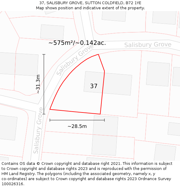 37, SALISBURY GROVE, SUTTON COLDFIELD, B72 1YE: Plot and title map