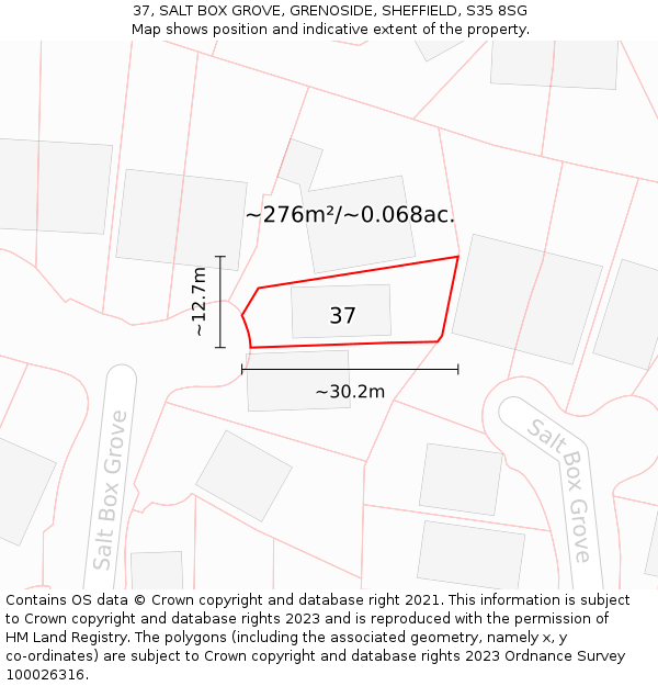 37, SALT BOX GROVE, GRENOSIDE, SHEFFIELD, S35 8SG: Plot and title map