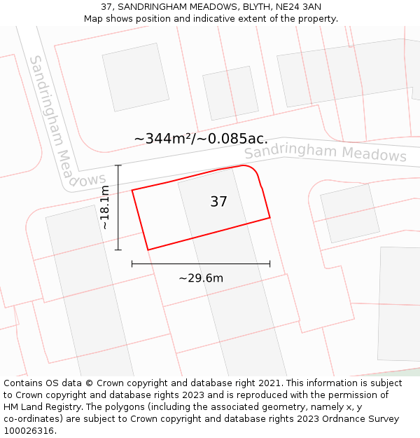 37, SANDRINGHAM MEADOWS, BLYTH, NE24 3AN: Plot and title map