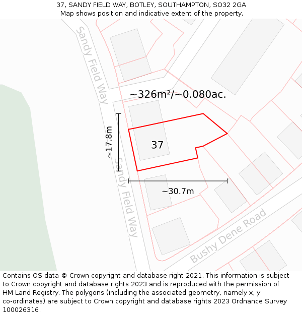 37, SANDY FIELD WAY, BOTLEY, SOUTHAMPTON, SO32 2GA: Plot and title map