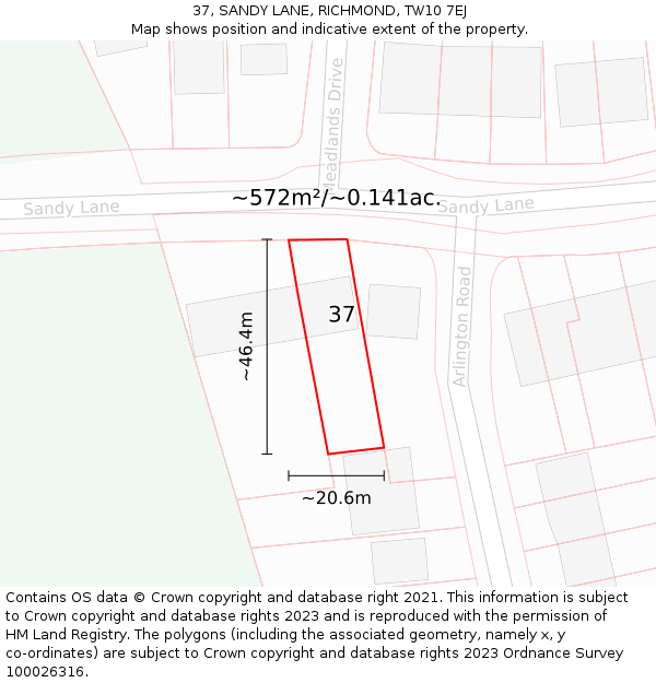 37, SANDY LANE, RICHMOND, TW10 7EJ: Plot and title map