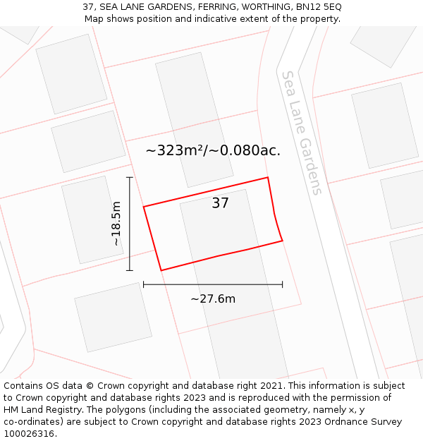 37, SEA LANE GARDENS, FERRING, WORTHING, BN12 5EQ: Plot and title map