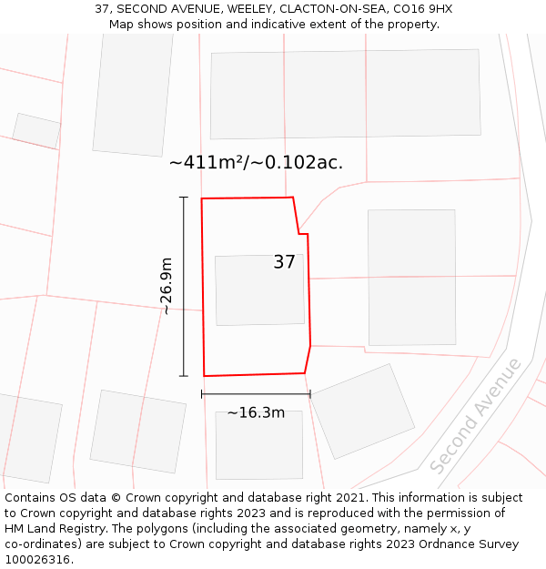37, SECOND AVENUE, WEELEY, CLACTON-ON-SEA, CO16 9HX: Plot and title map