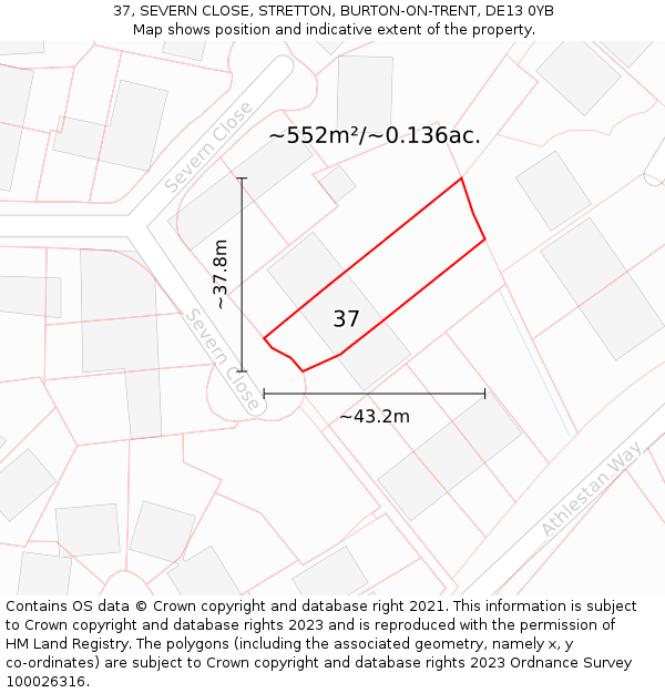 37, SEVERN CLOSE, STRETTON, BURTON-ON-TRENT, DE13 0YB: Plot and title map