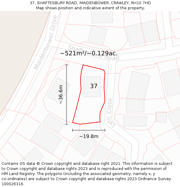 37, SHAFTESBURY ROAD, MAIDENBOWER, CRAWLEY, RH10 7HD: Plot and title map