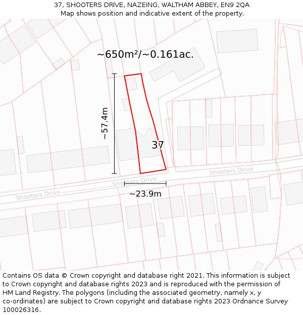 37, SHOOTERS DRIVE, NAZEING, WALTHAM ABBEY, EN9 2QA: Plot and title map