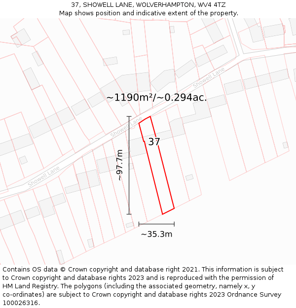 37, SHOWELL LANE, WOLVERHAMPTON, WV4 4TZ: Plot and title map