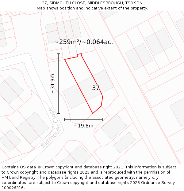 37, SIDMOUTH CLOSE, MIDDLESBROUGH, TS8 9DN: Plot and title map