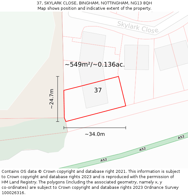 37, SKYLARK CLOSE, BINGHAM, NOTTINGHAM, NG13 8QH: Plot and title map