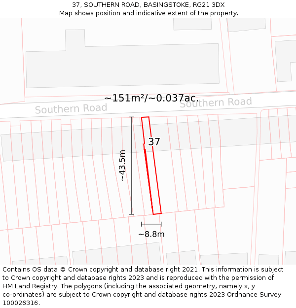 37, SOUTHERN ROAD, BASINGSTOKE, RG21 3DX: Plot and title map