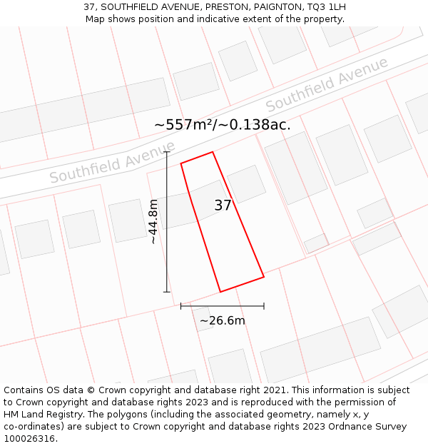 37, SOUTHFIELD AVENUE, PRESTON, PAIGNTON, TQ3 1LH: Plot and title map