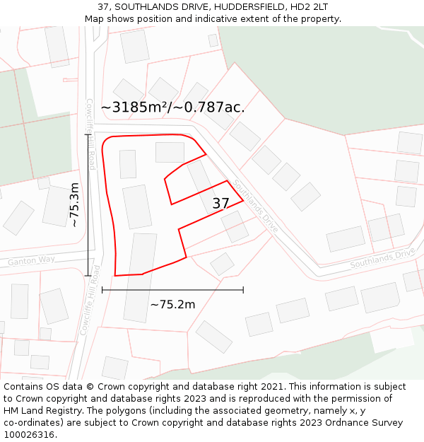 37, SOUTHLANDS DRIVE, HUDDERSFIELD, HD2 2LT: Plot and title map