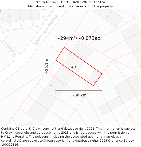 37, SPARROWS HERNE, BASILDON, SS16 5HW: Plot and title map
