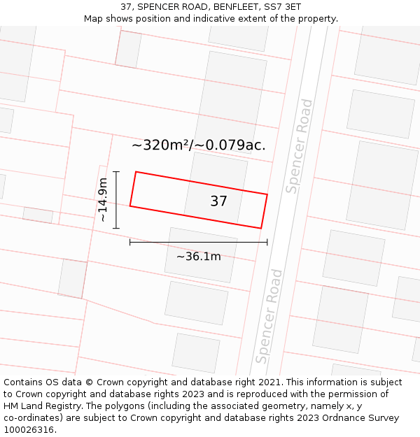 37, SPENCER ROAD, BENFLEET, SS7 3ET: Plot and title map